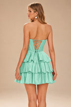 Rutipo Mint Green A-line Sparkly Strapless Ruched Corset Ruffle Homecoming Dress
