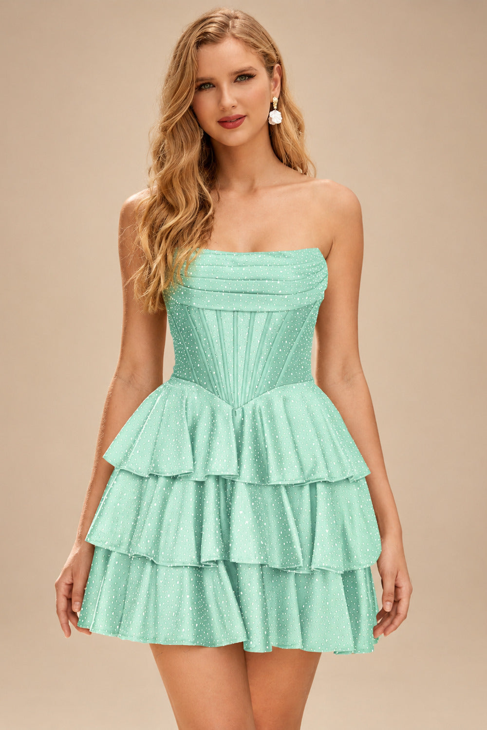 Rutipo Mint Green A-line Sparkly Strapless Ruched Corset Ruffle Homecoming Dress