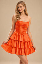 Rutipo Orange A-line Sparkly Strapless Ruched Corset Ruffle Homecoming Dress