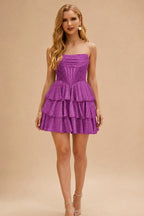 Rutipo Orchid A-line Sparkly Strapless Ruched Corset Ruffle Homecoming Dress