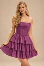 Rutipo Orchid A-line Sparkly Strapless Ruched Corset Ruffle Homecoming Dress