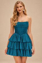 Rutipo Peacock A-line Sparkly Strapless Ruched Corset Ruffle Homecoming Dress