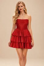 Rutipo Red A-line Sparkly Strapless Ruched Corset Ruffle Homecoming Dress