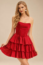 Rutipo Red A-line Sparkly Strapless Ruched Corset Ruffle Homecoming Dress
