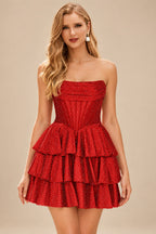 Rutipo Red A-line Sparkly Strapless Ruched Corset Ruffle Homecoming Dress