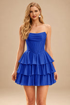 Rutipo Royal Blue A-line Sparkly Strapless Ruched Corset Ruffle Homecoming Dress