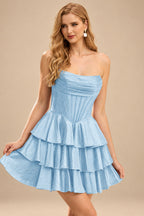 Rutipo Sky Blue A-line Sparkly Strapless Ruched Corset Ruffle Homecoming Dress