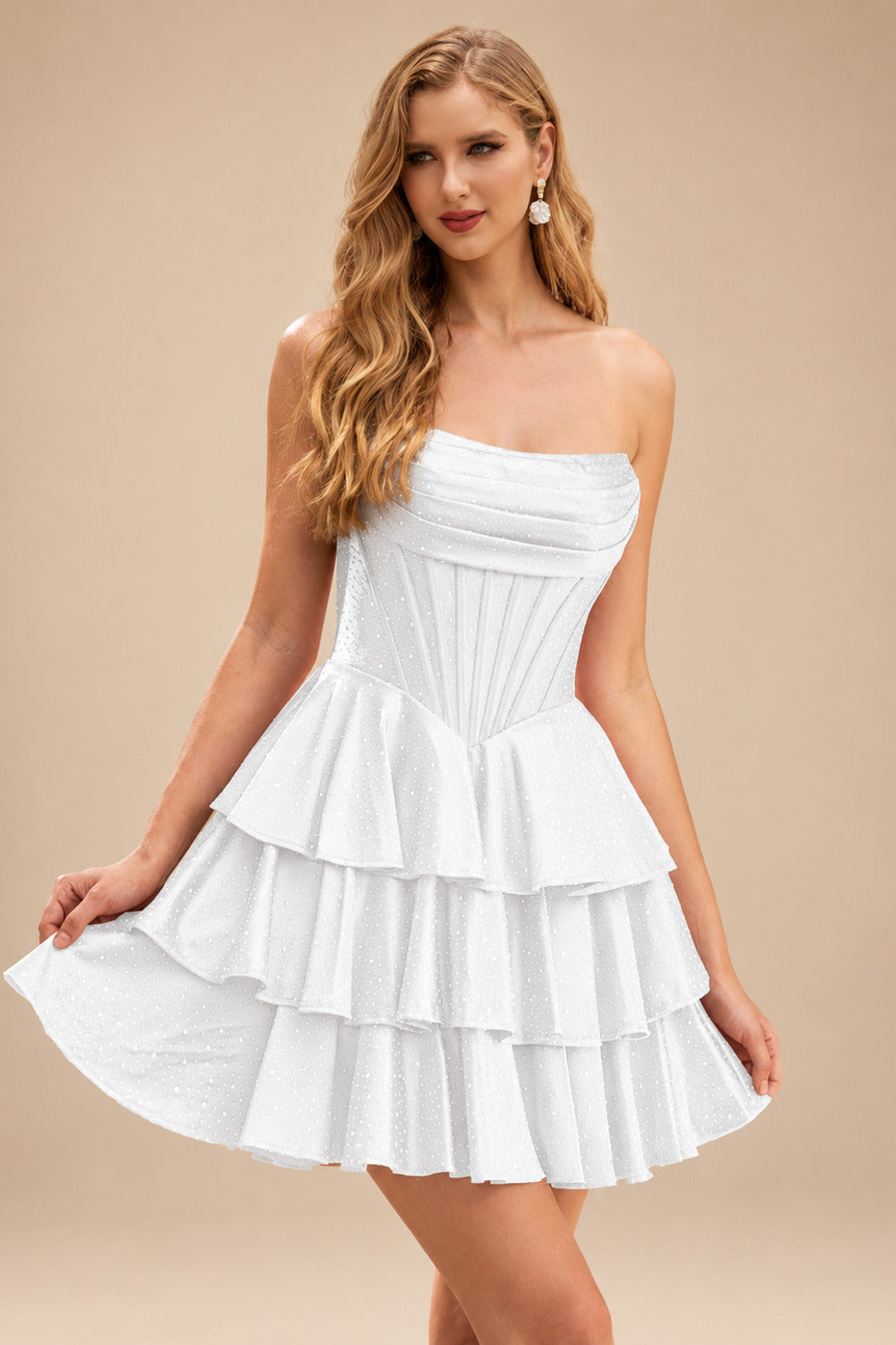 Rutipo White A-line Sparkly Strapless Ruched Corset Ruffle Homecoming Dress