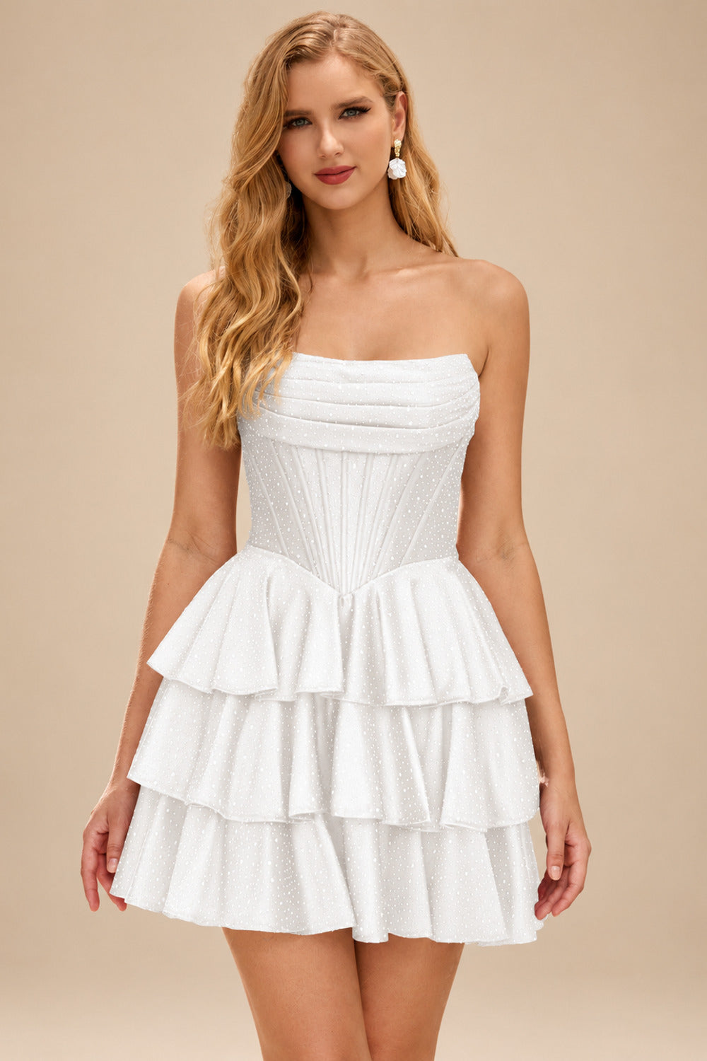 Rutipo White A-line Sparkly Strapless Ruched Corset Ruffle Homecoming Dress