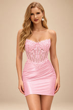 Rutipo Blushing Pink Strapless Sequin Beaded Corset Silk like Satin Mini Homecoming Dress
