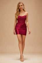Rutipo Burgundy Strapless Sequin Beaded Corset Silk like Satin Mini Homecoming Dress