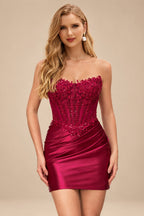 Rutipo Burgundy Strapless Sequin Beaded Corset Silk like Satin Mini Homecoming Dress