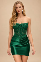 Rutipo Dark Green Strapless Sequin Beaded Corset Silk like Satin Mini Homecoming Dress