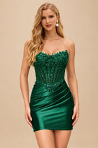 Rutipo Dark Green Strapless Sequin Beaded Corset Silk like Satin Mini Homecoming Dress