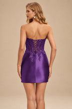 Rutipo Grape Strapless Sequin Beaded Corset Silk like Satin Mini Homecoming Dress