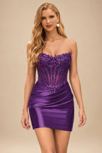 Rutipo Grape Strapless Sequin Beaded Corset Silk like Satin Mini Homecoming Dress
