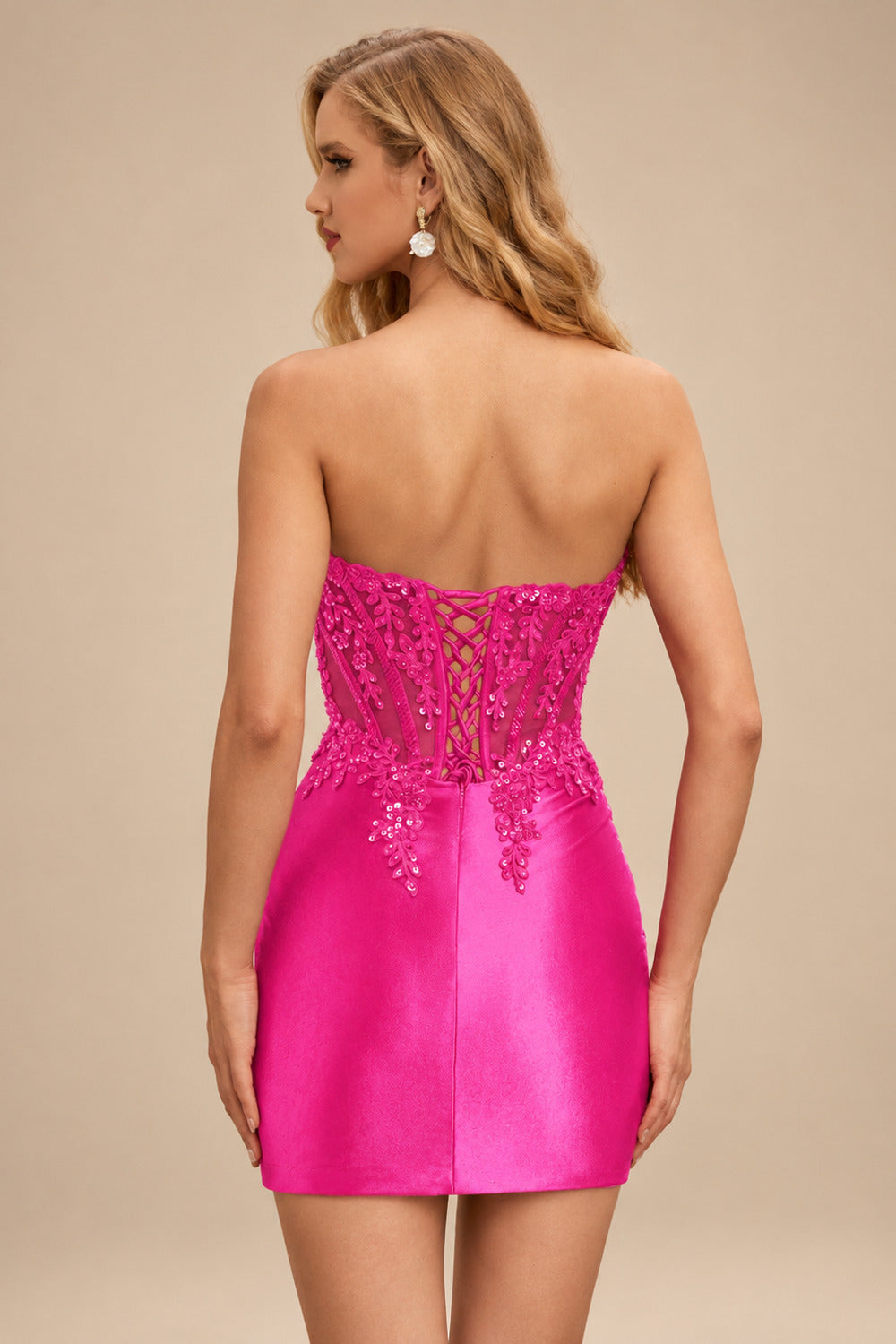 Rutipo Hot Pink Strapless Sequin Beaded Corset Silk like Satin Mini Homecoming Dress