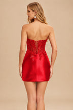 Rutipo Red Strapless Sequin Beaded Corset Silk like Satin Mini Homecoming Dress