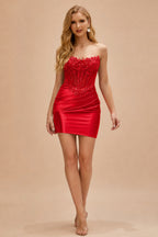 Rutipo Red Strapless Sequin Beaded Corset Silk like Satin Mini Homecoming Dress