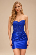 Rutipo Royal Blue Strapless Sequin Beaded Corset Silk like Satin Mini Homecoming Dress