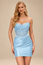 Rutipo Sky Blue Strapless Sequin Beaded Corset Silk like Satin Mini Homecoming Dress