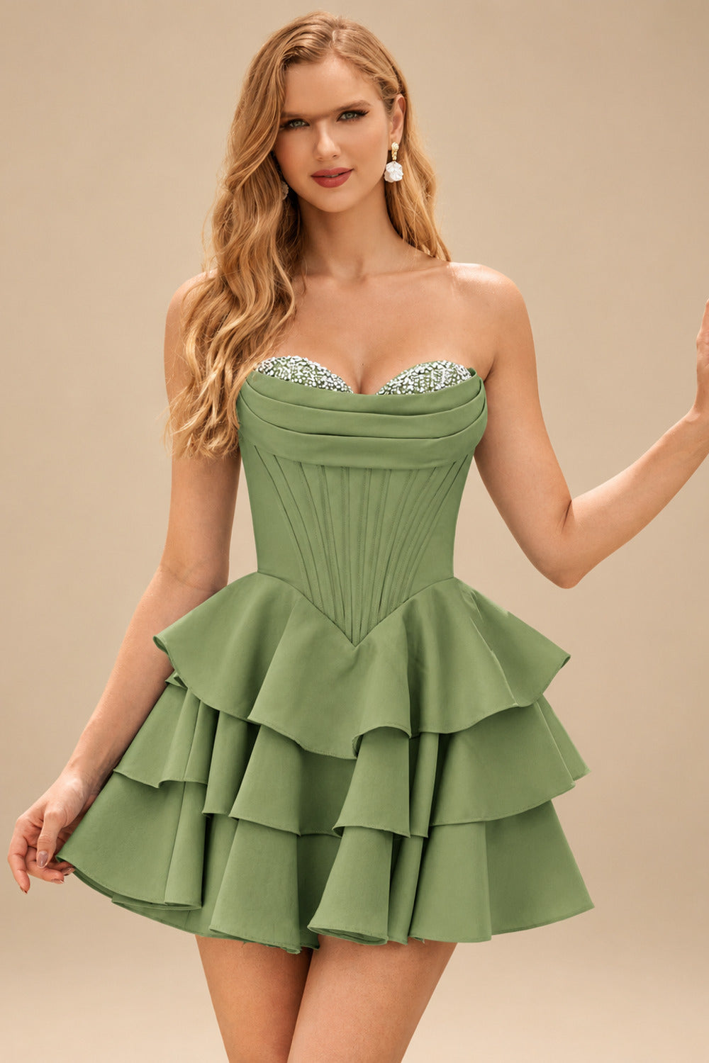 Rutipo Celadon A-line Crystal Strapless Corset Satin Tiered Ruffle Homecoming Dress