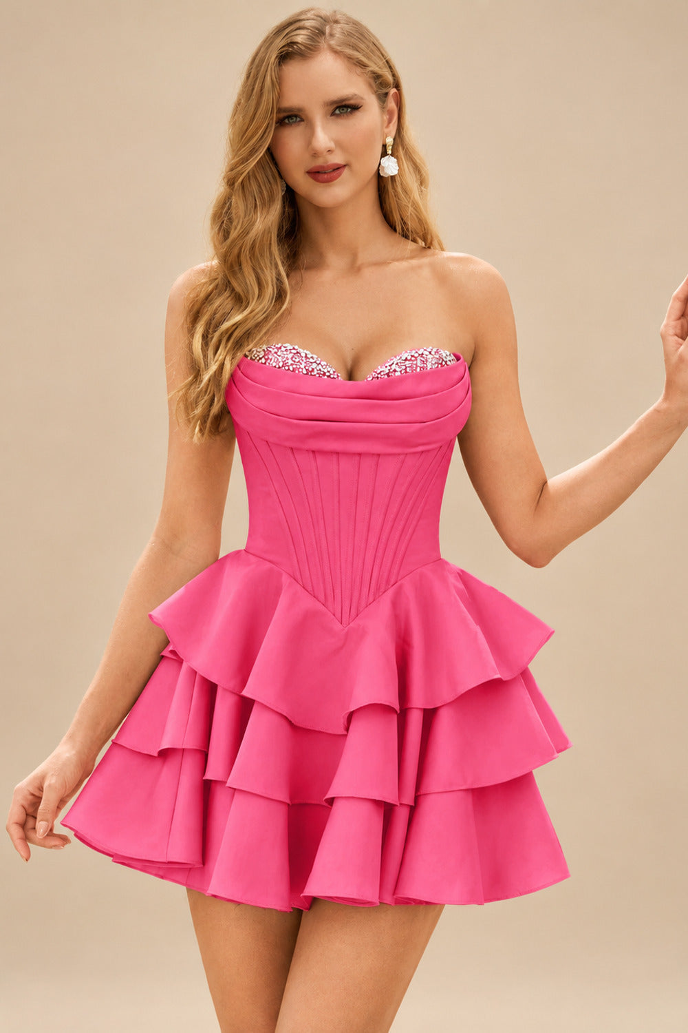 Rutipo Hot Pink A-line Crystal Strapless Corset Satin Tiered Ruffle Homecoming Dress