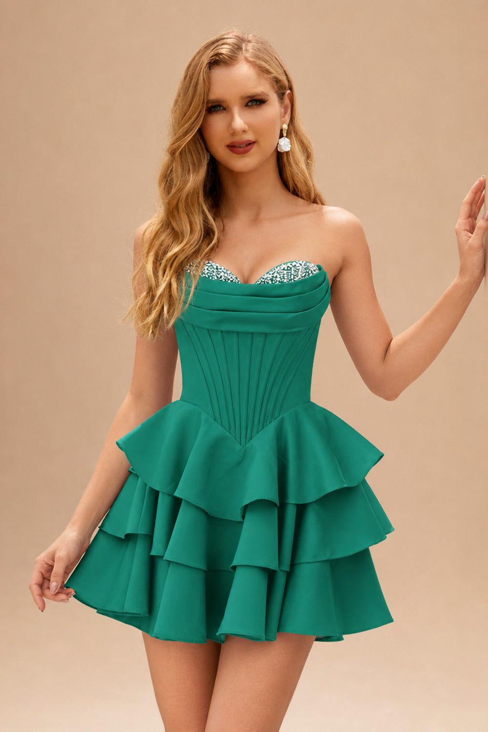 Rutipo Hunter Green A-line Crystal Strapless Corset Satin Tiered Ruffle Homecoming Dress