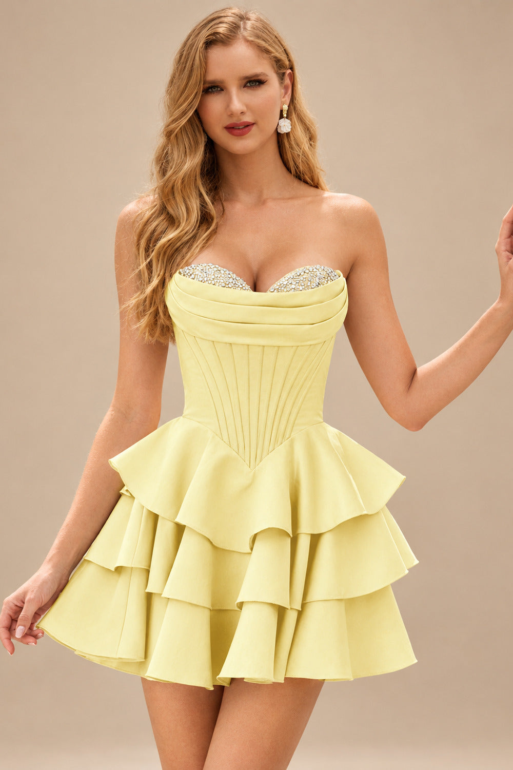 Rutipo Yellow A-line Crystal Strapless Corset Satin Tiered Ruffle Homecoming Dress