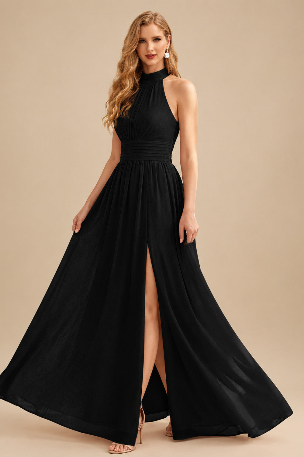Rutipo Black High Neck Chiffon Bridesmaid Dresses With Bow