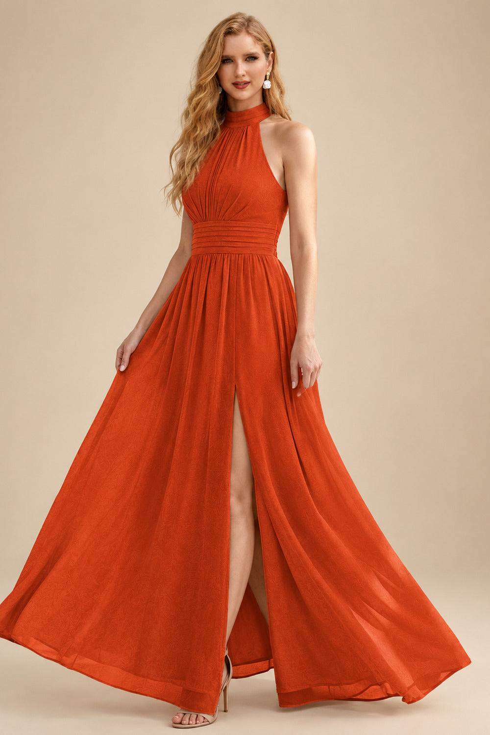 Rutipo Burnt Orange High Neck Chiffon Bridesmaid Dresses With Bow