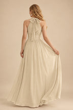 Rutipo Champagne High Neck Chiffon Bridesmaid Dresses With Bow