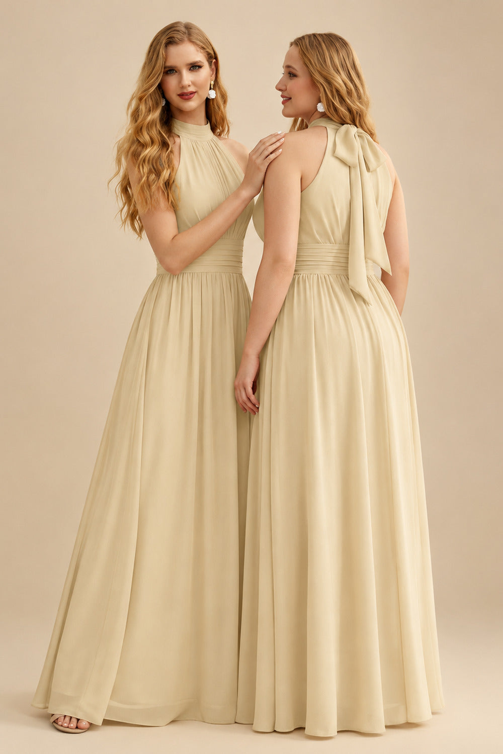 Rutipo Champagne High Neck Chiffon Bridesmaid Dresses With Bow