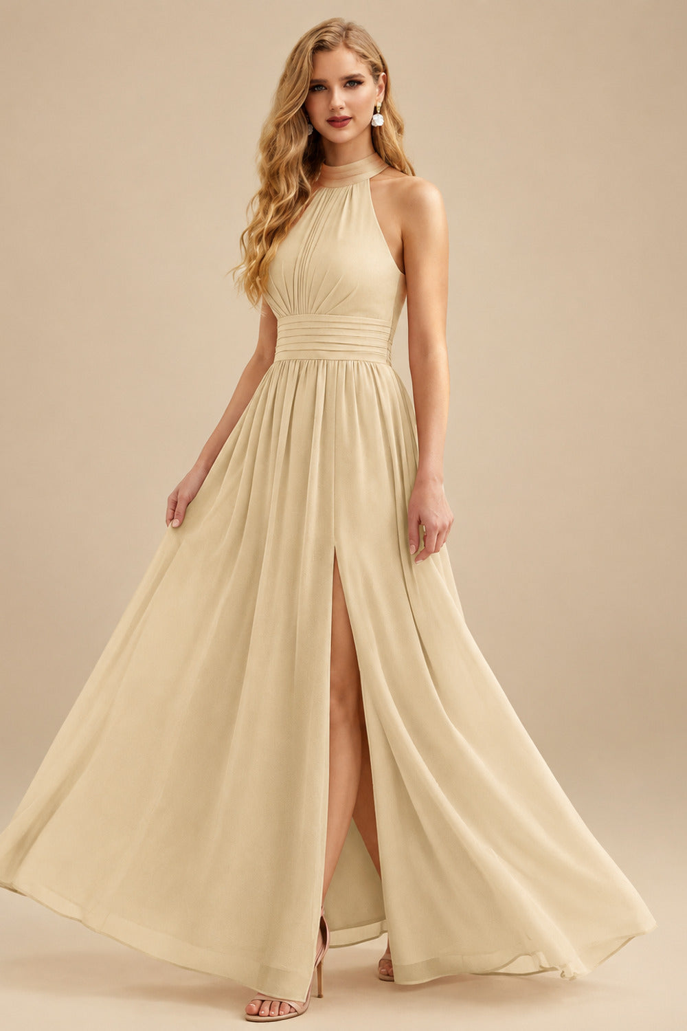 Rutipo Champagne High Neck Chiffon Bridesmaid Dresses With Bow