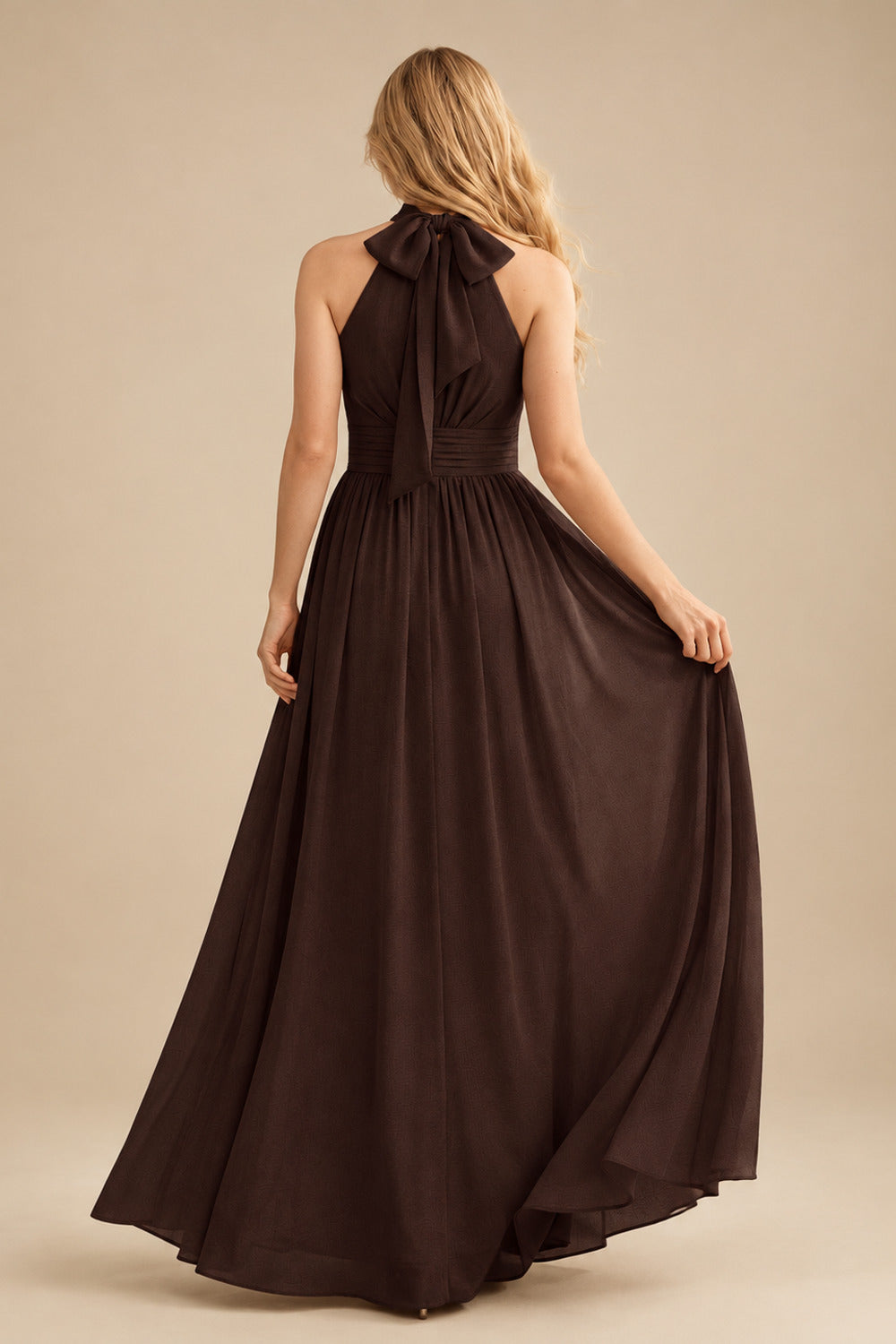 Rutipo Chocolate High Neck Chiffon Bridesmaid Dresses With Bow