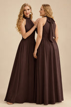 Rutipo Chocolate High Neck Chiffon Bridesmaid Dresses With Bow