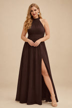 Rutipo Chocolate High Neck Chiffon Bridesmaid Dresses With Bow