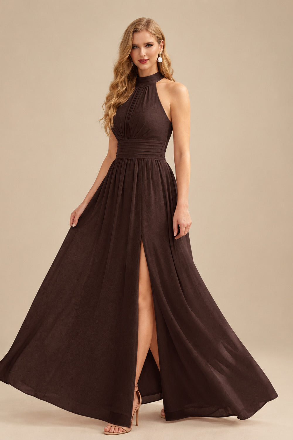 Rutipo Chocolate High Neck Chiffon Bridesmaid Dresses With Bow