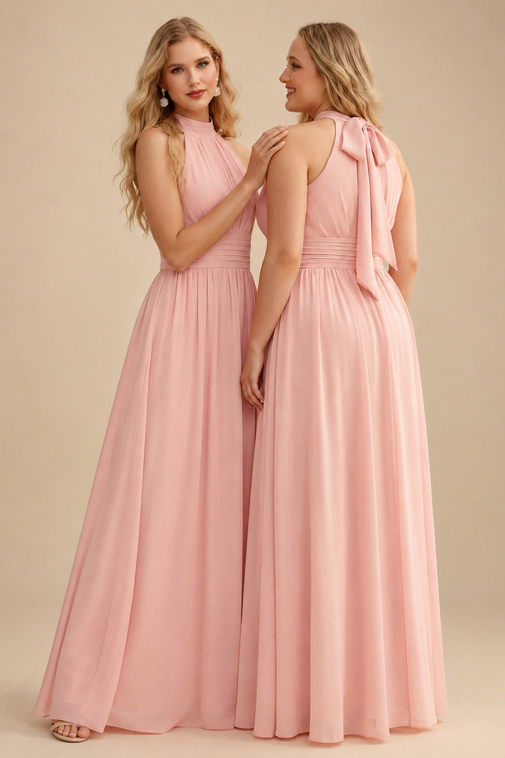 Rutipo Dusty Rose High Neck Chiffon Bridesmaid Dresses With Bow