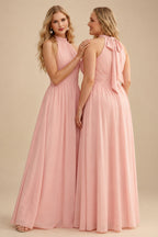Rutipo Dusty Rose High Neck Chiffon Bridesmaid Dresses With Bow