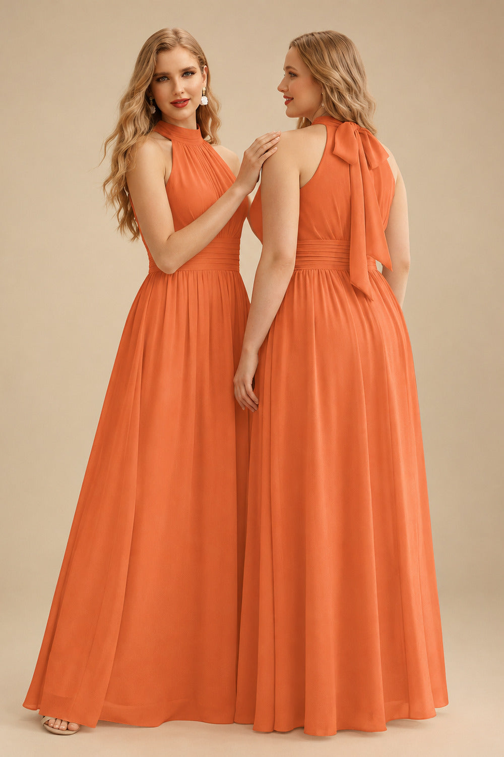 Rutipo Orange High Neck Chiffon Bridesmaid Dresses With Bow
