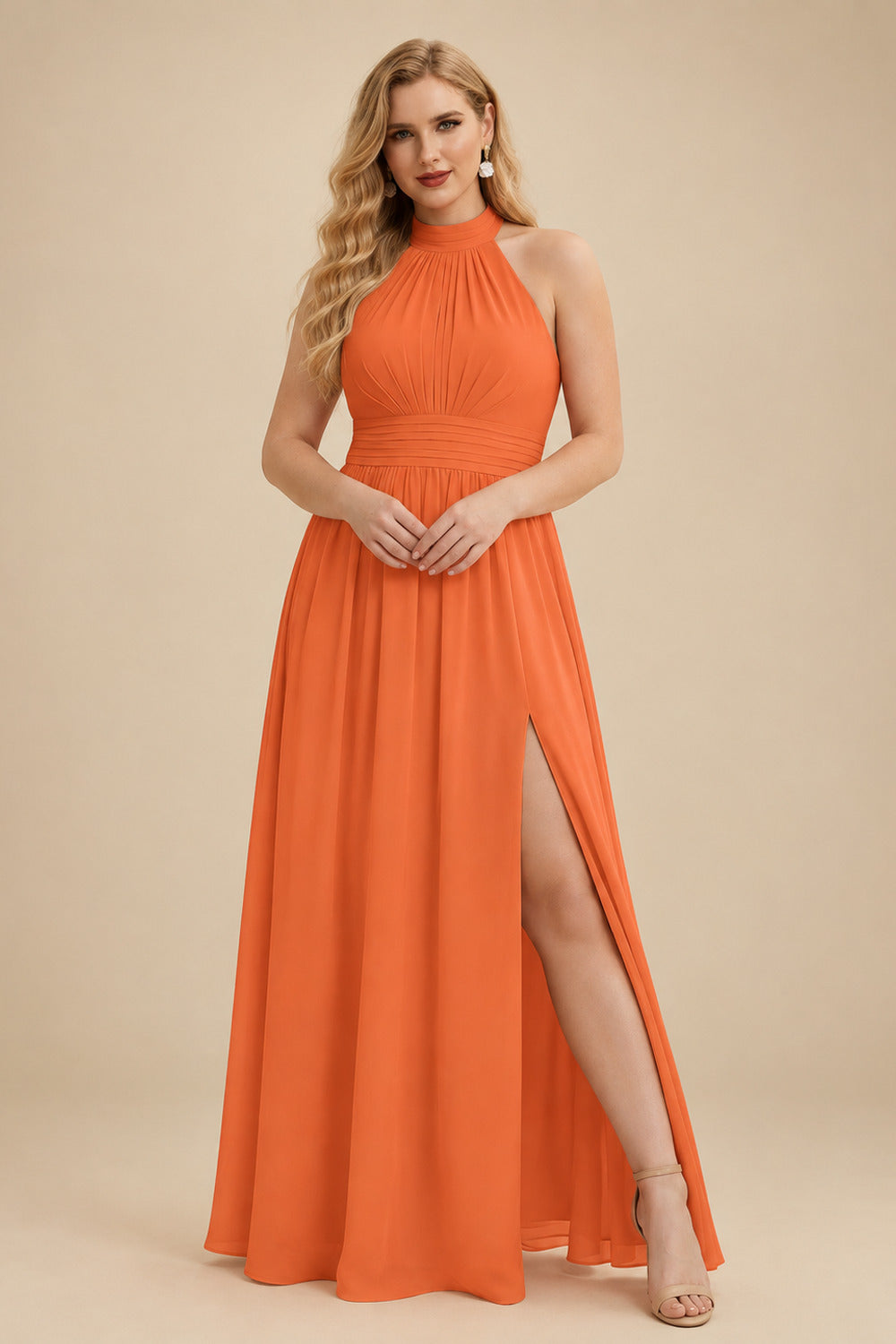 Rutipo Orange High Neck Chiffon Bridesmaid Dresses With Bow