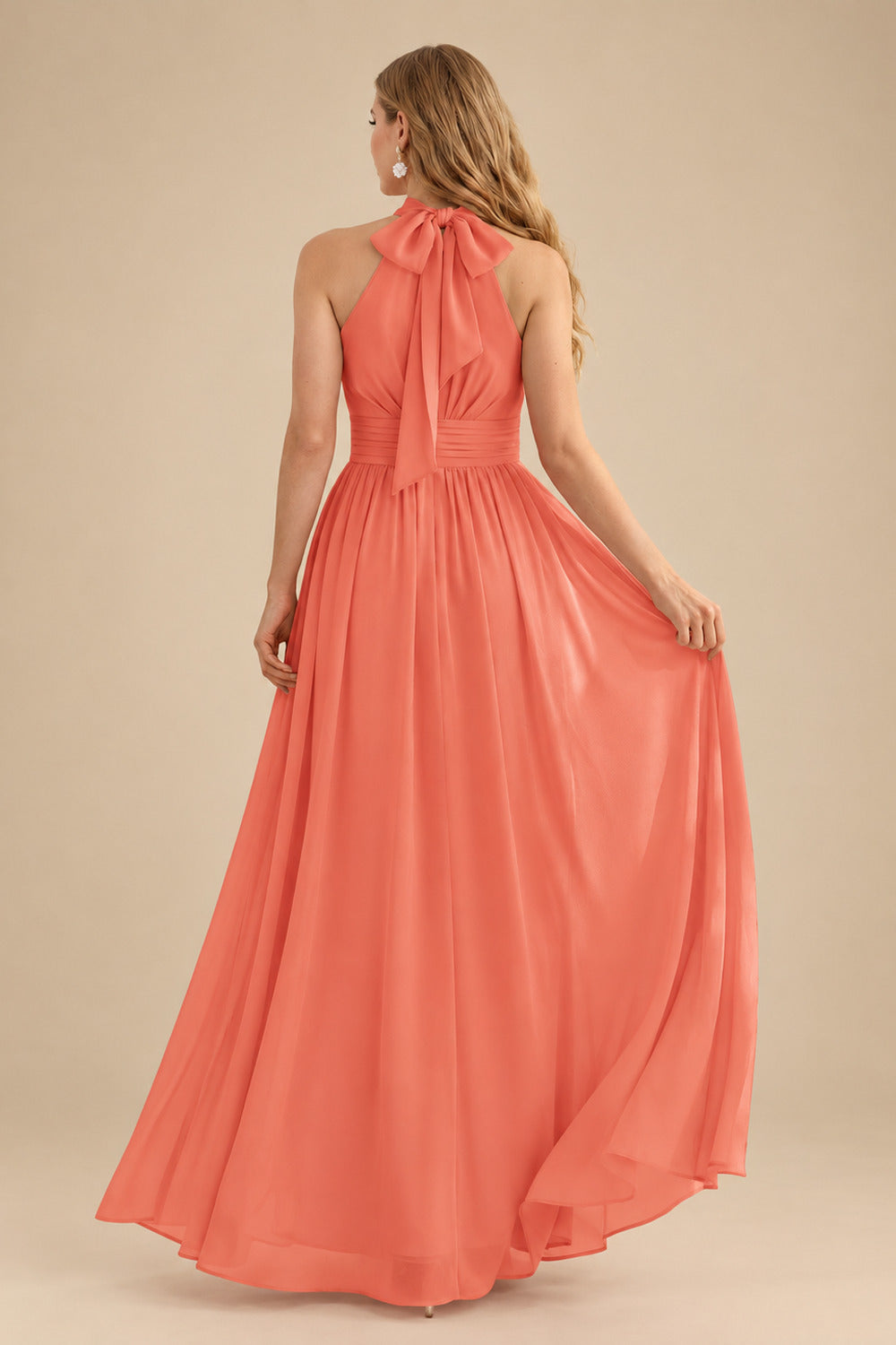 Rutipo Papaya High Neck Chiffon Bridesmaid Dresses With Bow