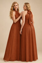 Rutipo Terracotta High Neck Chiffon Bridesmaid Dresses With Bow