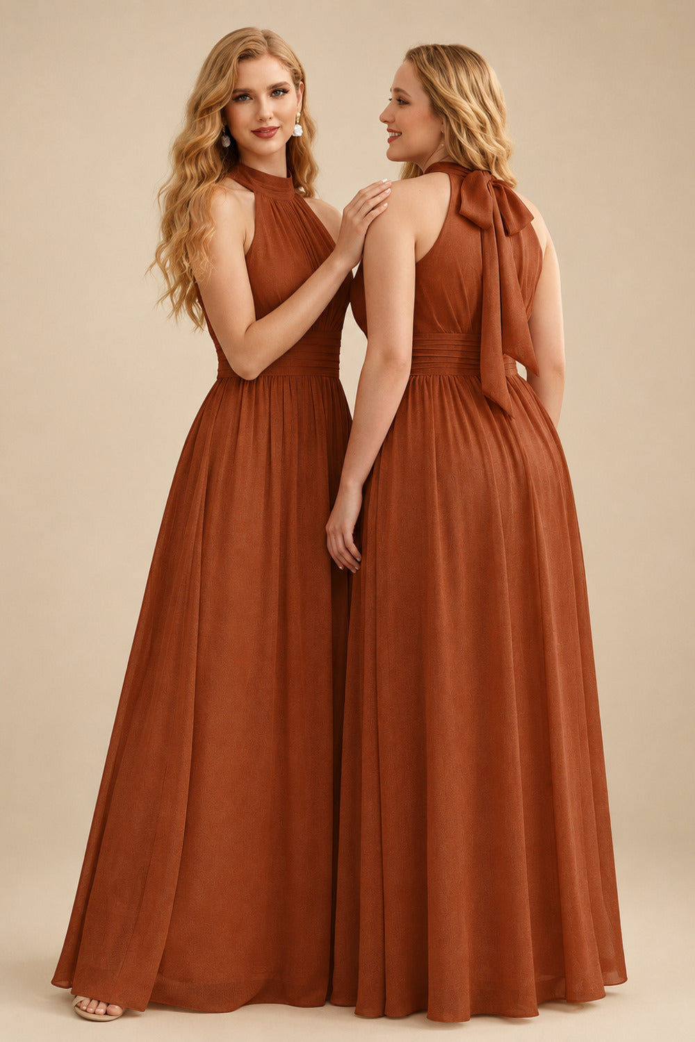 Rutipo Terracotta High Neck Chiffon Bridesmaid Dresses With Bow