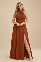 Rutipo Terracotta High Neck Chiffon Bridesmaid Dresses With Bow