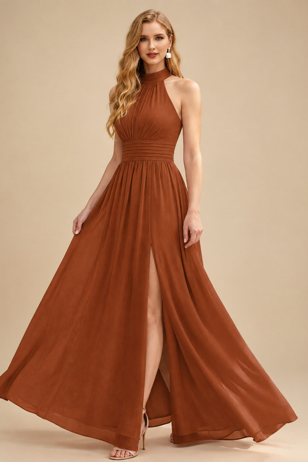Rutipo Terracotta High Neck Chiffon Bridesmaid Dresses With Bow