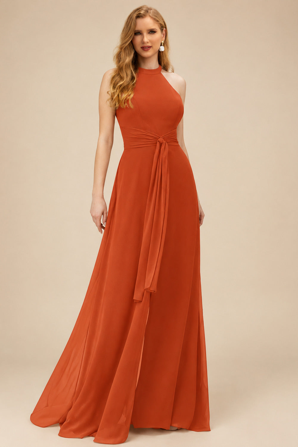 Rutipo Burnt Orange Jumpsuit/Pantsuit High Neck Bridesmaid Dresses With Cascading Ruffles