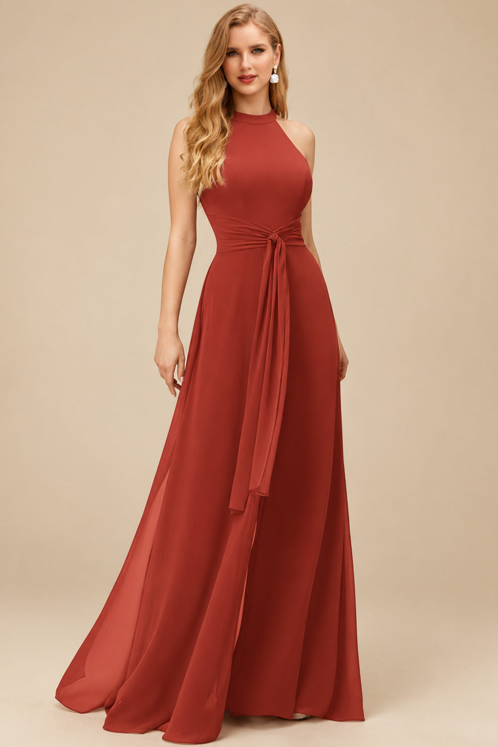 Rutipo Vermilion Jumpsuit/Pantsuit High Neck Bridesmaid Dresses With Cascading Ruffles