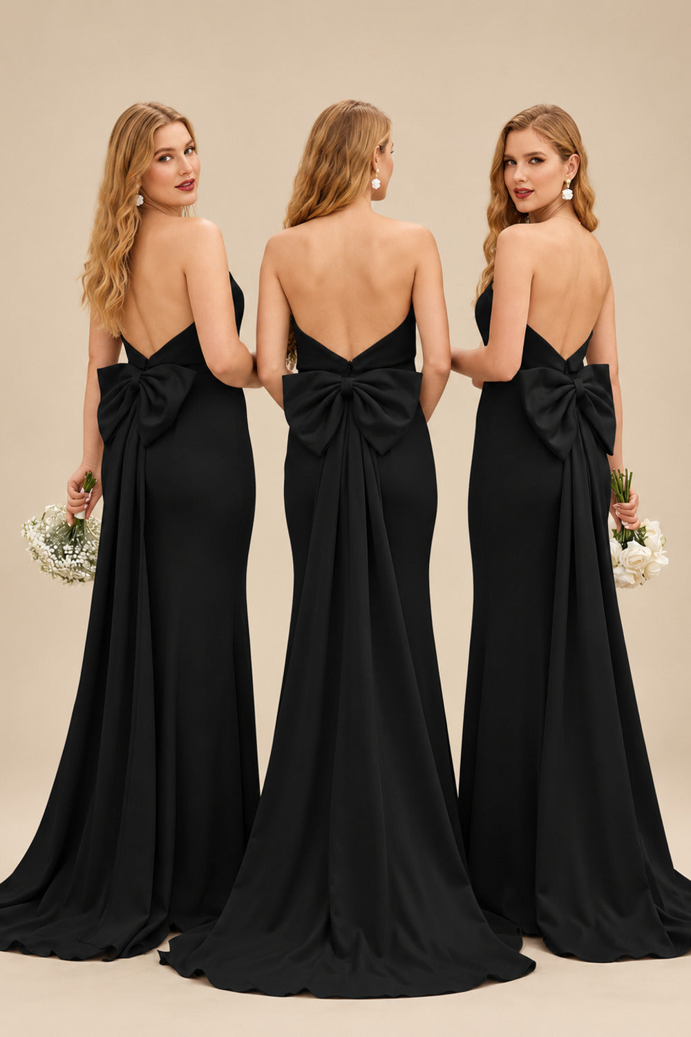 Rutipo Black Open Back Strapless Sheath/Column Bridesmaid Dresses With Bow